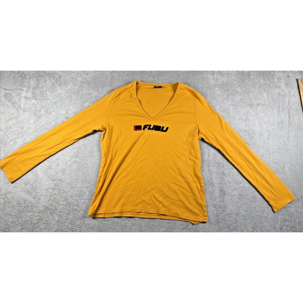 Vintage FUBU Women's Long Sleeve V-Neck Logo Print Shirt Yellow Size 1X‎